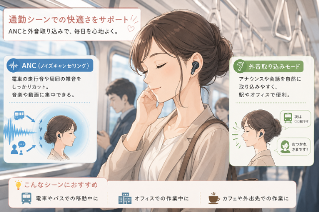 電車通勤中にイヤホンを使う30〜40代女性のライフスタイルイラスト