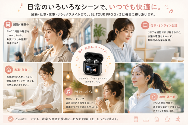 仕事・通勤・カフェ時間など日常シーンでイヤホンを使う女性のイメージカット